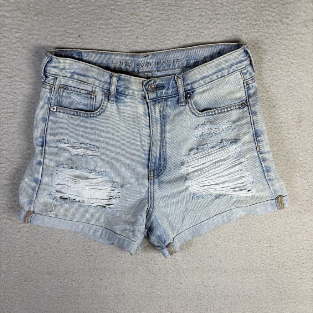 American Eagle Mom Jean Shorts sz 2 BlueStretch Waist Distressed Cut Off